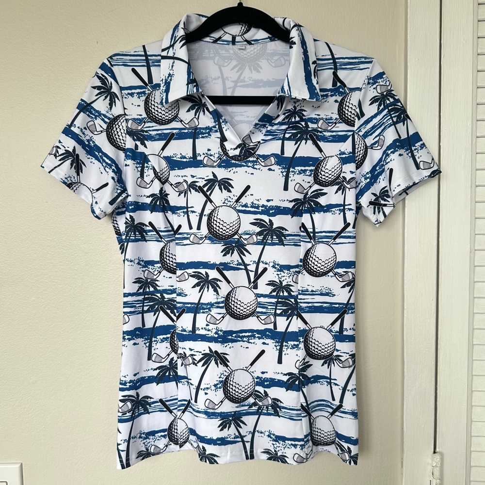 Golf Palm Tree Pattern Short Sleeve Polo Shirt Size M Women’s
